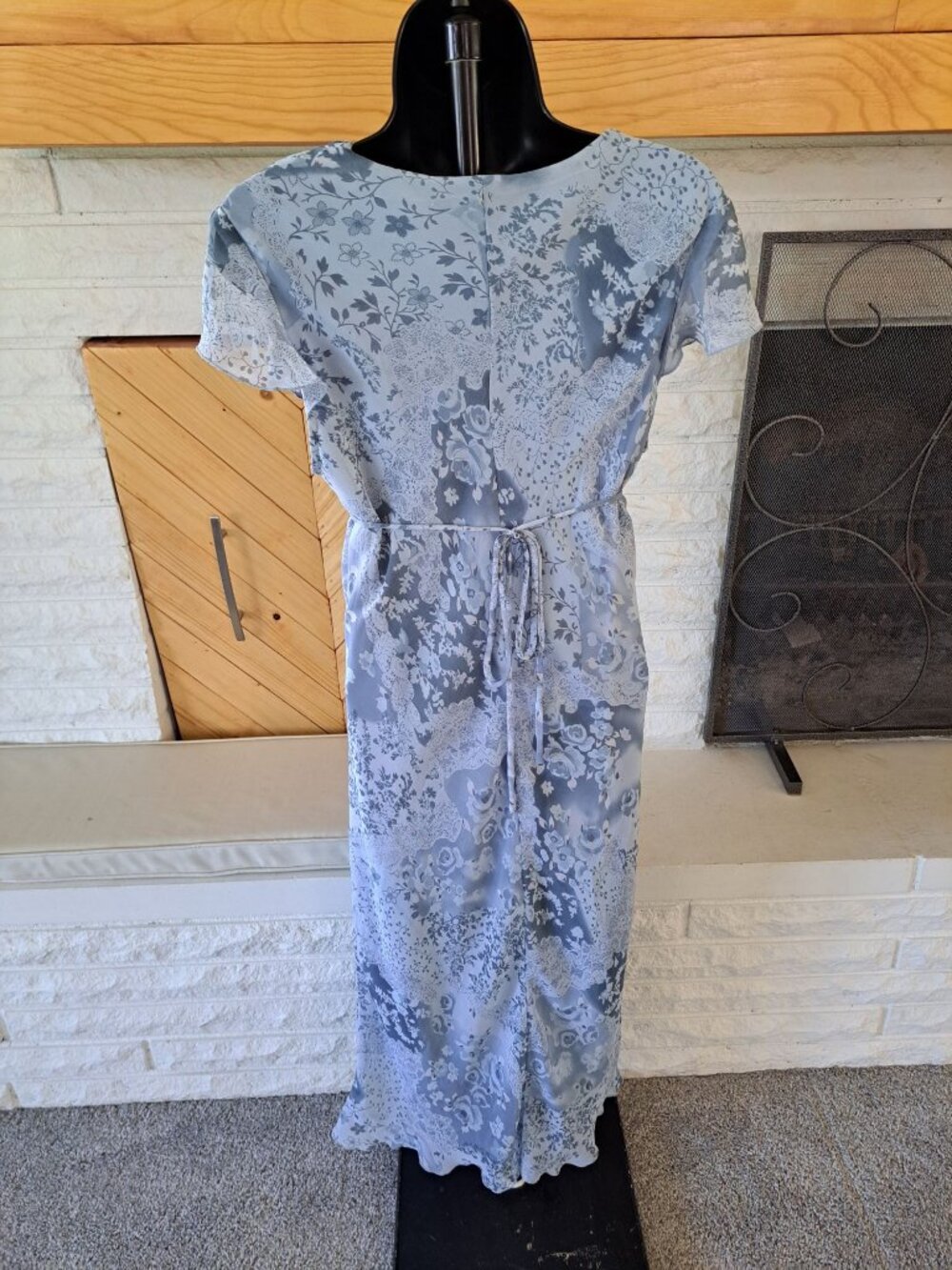 Vtg 90's Babydoll Slate Blue Midi Dress V-Neck Flutter Sleeves Lisa Jo Cottage M - Picture 5 of 12